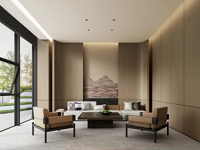 Modern Lounge Area Interior With Sofa Coffee Table Floor to Ceiling Windows And Wooden Walls 3d model