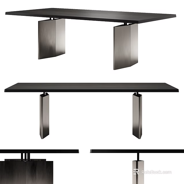 Modern Minimalist Dining Table With Black Tabletop Metal Legs And Hanging Pendant Lights 3d model 