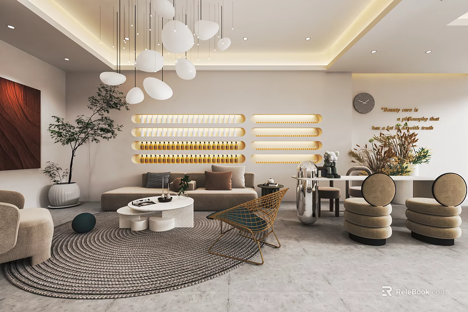 Cozy Modern Beauty Hair Salon Interior Design With Hanging Lamps Sofa Coffee Table And Plants 3d model 