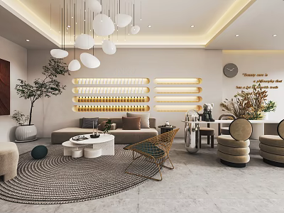 Cozy Modern Beauty Hair Salon Interior Design With Hanging Lamps Sofa Coffee Table And Plants 3d model