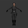 Female Character In Black Tight Combat Suit Standing With Arms Outstretched And Waist Weapon Gear