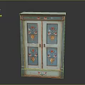 Vintage Blue Green Cabinet With Hand Painted Floral Designs And Red Trim