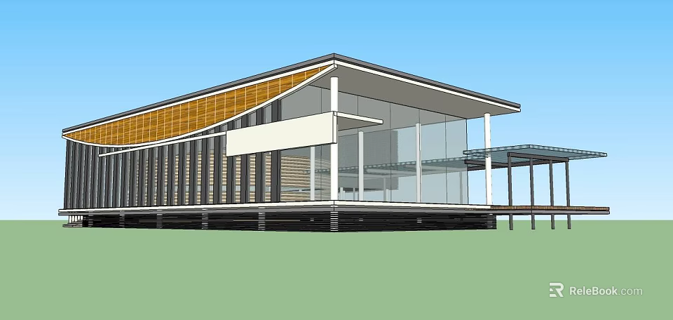 Modern Architectural Structure With Sloped Roof Large Glass Windows And Yellow Panels 3d model 