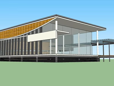 Modern Architectural Structure With Sloped Roof Large Glass Windows And Yellow Panels 3d model
