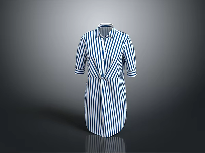 Blue And White Striped Collared Shirt Dress With Three Quarter Sleeves Classic Design 3d model