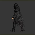 Woman in Black Ninja Style Outfit With Hooded Mask Swords on Back and Tattered Edges