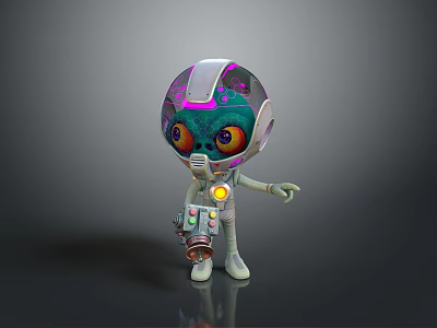 Cartoon Spaceman In Gray Space Suit With Alien Creature Transparent Helmet Large Eyes Yellow Light 3d model