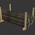 Neatly Stacked Dark Wood Logs Supported By Light Wooden Stands