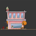 Pink Ice Cream Shop Building with Striped Awning Red Mailbox Orange Trees and Flower Pots