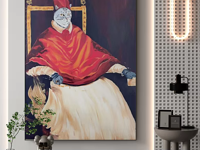Cat Portrait In Red Cape And White Robe With Plant Skull Lamp And Sink 3d model