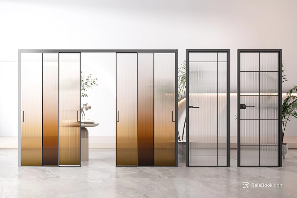 Modern Glass Sliding Doors With Gradient Frosted And Grid Patterns In Interior Space 3d model