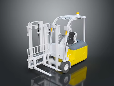 Yellow And White Forklift Truck With Cab Fork Attachment And Reflective Surface 3d model