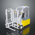 Yellow And White Forklift Truck With Cab Fork Attachment And Reflective Surface