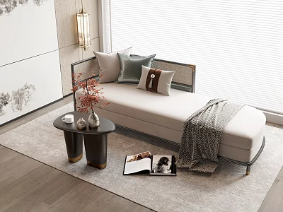Modern Chaise Lounge With Decorative Pillows Throw Blanket And Side Table In Elegant Living Room 3d model