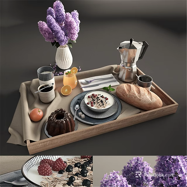 Delicious Breakfast Tray With Coffee Bread Yogurt And Fresh Fruits 3d model 