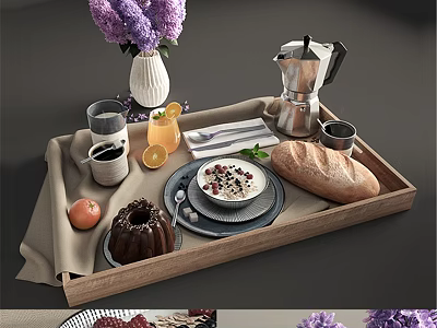 Delicious Breakfast Tray With Coffee Bread Yogurt And Fresh Fruits 3d model