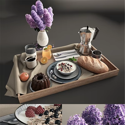 Delicious Breakfast Tray With Coffee Bread Yogurt And Fresh Fruits 3d model