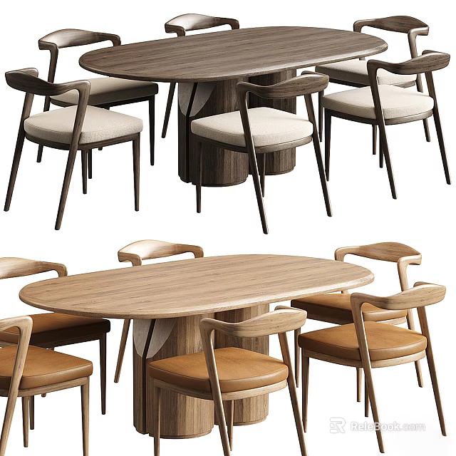 Modern Solid Wood Oval Dining Table And Padded Upholstered Chair Sets For Cozy Dining Spaces 3d model 