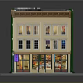 Cartoon Three Story Building Model With Beige Facade Brown Decorative Lines And Shop Fronts