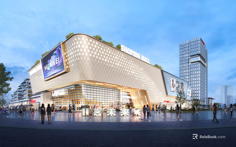 Modern Commercial Complex Exterior With Green Roof LED Screens And Pedestrian Activity 3d model 