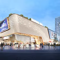 Modern Commercial Complex Exterior With Green Roof LED Screens And Pedestrian Activity