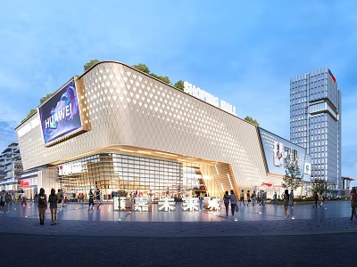 Modern Commercial Complex Exterior With Green Roof LED Screens And Pedestrian Activity 3d model