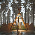 Rustic Wooden Entrance Gate in Forest with Tall Trees Triangular Top and Puddle Reflection 3d model