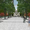 Residential Landscape Featuring Brick Pathway Trees and Distant Monument with People Walking 3d model