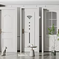 White Hinged Doors With Different Designs In Modern Interior Space With Decorative Plants And Table 3d model