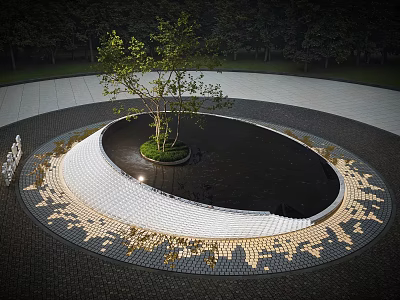 Garden Landscape Featuring Circular Design Central Tree Water Feature And Illuminated Paved Area 3d model