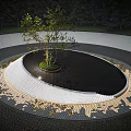 Garden Landscape Featuring Circular Design Central Tree Water Feature And Illuminated Paved Area