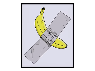 Framed Yellow Banana Art With Crossed Gray Tape on White Background 3d model