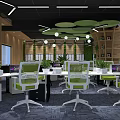 Modern Public Office Space With Green Circular Ceiling Decorations Indoor Plants White Chairs Lounge