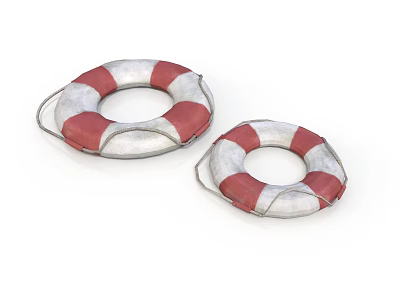 Red And White Striped Lifebuoys With Rope Handles For Marine Safety 3d model
