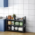 Black Multi Tiered Bathroom Cabinet Shelf With Organized Storage Items And Tile Wall Background
