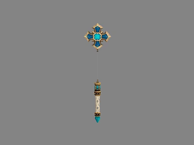 Ornate Cross Shaped Dagger with Blue Gemstones Golden Accents Turquoise End and White Handle 3d model