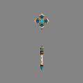 Ornate Cross Shaped Dagger with Blue Gemstones Golden Accents Turquoise End and White Handle