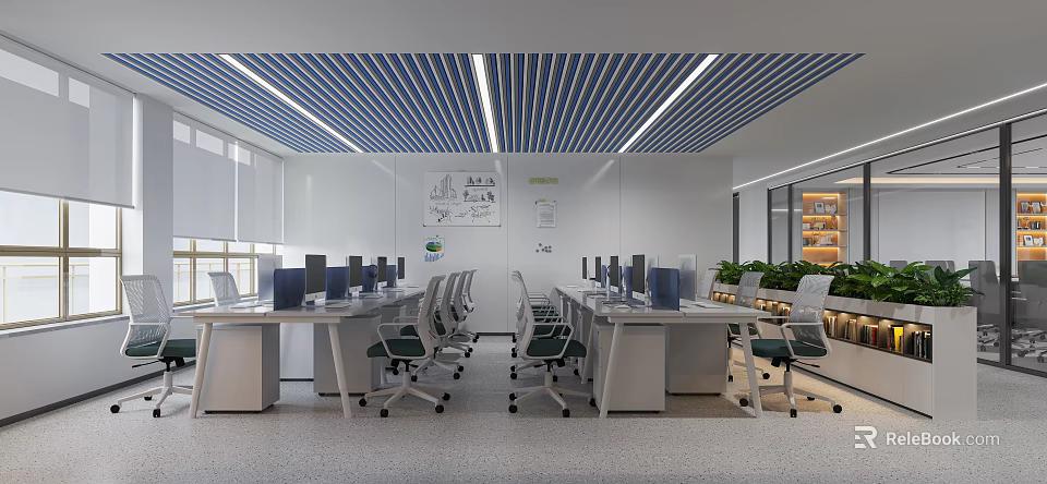 Modern Public Office Space With Work Desks Office Chairs Strip Lighting Plants And Natural Light 3d model 