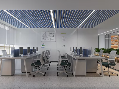 Modern Public Office Space With Work Desks Office Chairs Strip Lighting Plants And Natural Light 3d model