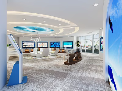 Modern Exhibition Hall Interior With Multiple Screens Sofas Desks And Blue Wall Decor 3d model