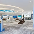 Modern Exhibition Hall Interior With Multiple Screens Sofas Desks And Blue Wall Decor 3d model