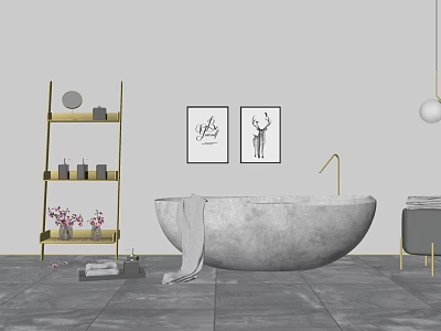 Concrete Freestanding Bathtub With Golden Shelf Decorative Paintings Towel And Flowers 3d model