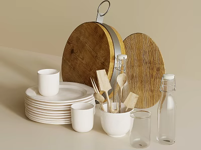 Stylish Dinnerware Set with Wooden Cutting Boards White Plates Mugs Wooden Utensils Clear Glass Bottles 3d model