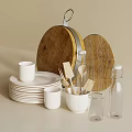 Stylish Dinnerware Set with Wooden Cutting Boards White Plates Mugs Wooden Utensils Clear Glass Bottles