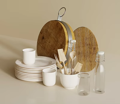 Stylish Dinnerware Set with Wooden Cutting Boards White Plates Mugs Wooden Utensils Clear Glass Bottles 3d model