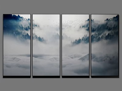 Four Panel Misty Mountain Landscape With Forested Trees And Flying Birds 3d model