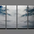 Four Panel Misty Mountain Landscape With Forested Trees And Flying Birds