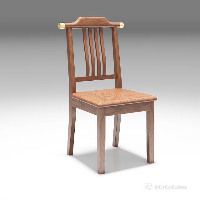 Classic Wooden Dining Chair With Slatted Back Golden Top Accents And Light Brown Seat 3d model 