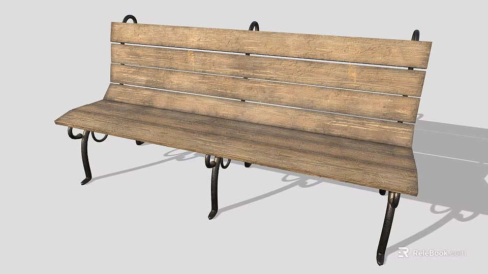 Wooden Slatted Outdoor Bench With Black Metal Legs Classic Design For Garden Patio 3d model 