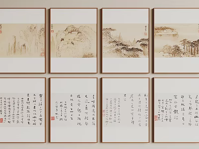 Traditional Chinese Landscape Paintings With Framed Artworks Mountains Rivers Trees And Calligraphy Inscriptions 3d model
